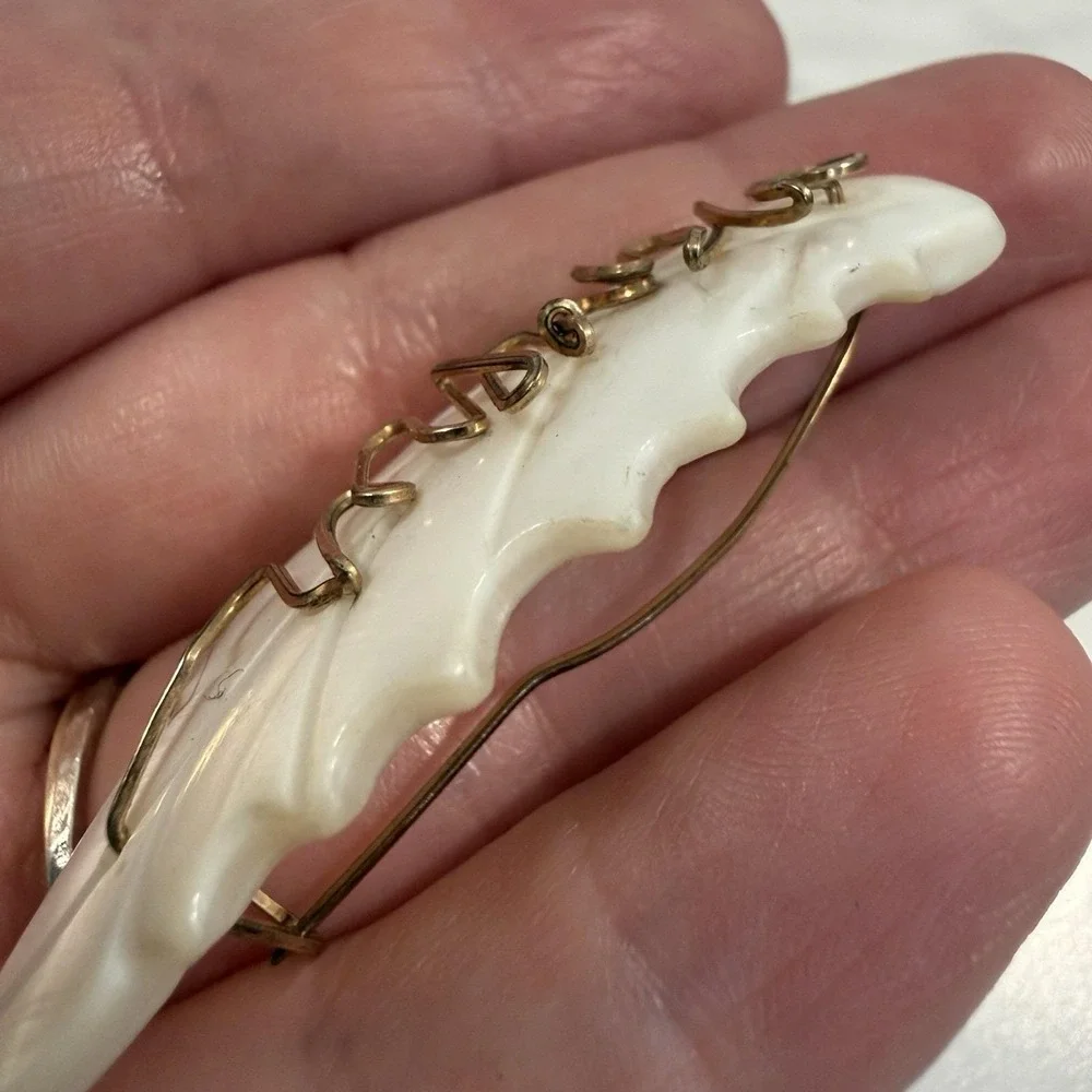 Vintage Gold Filled Wire Wrap Mother of Pearl Shell Carved Leaf Pin Brooch